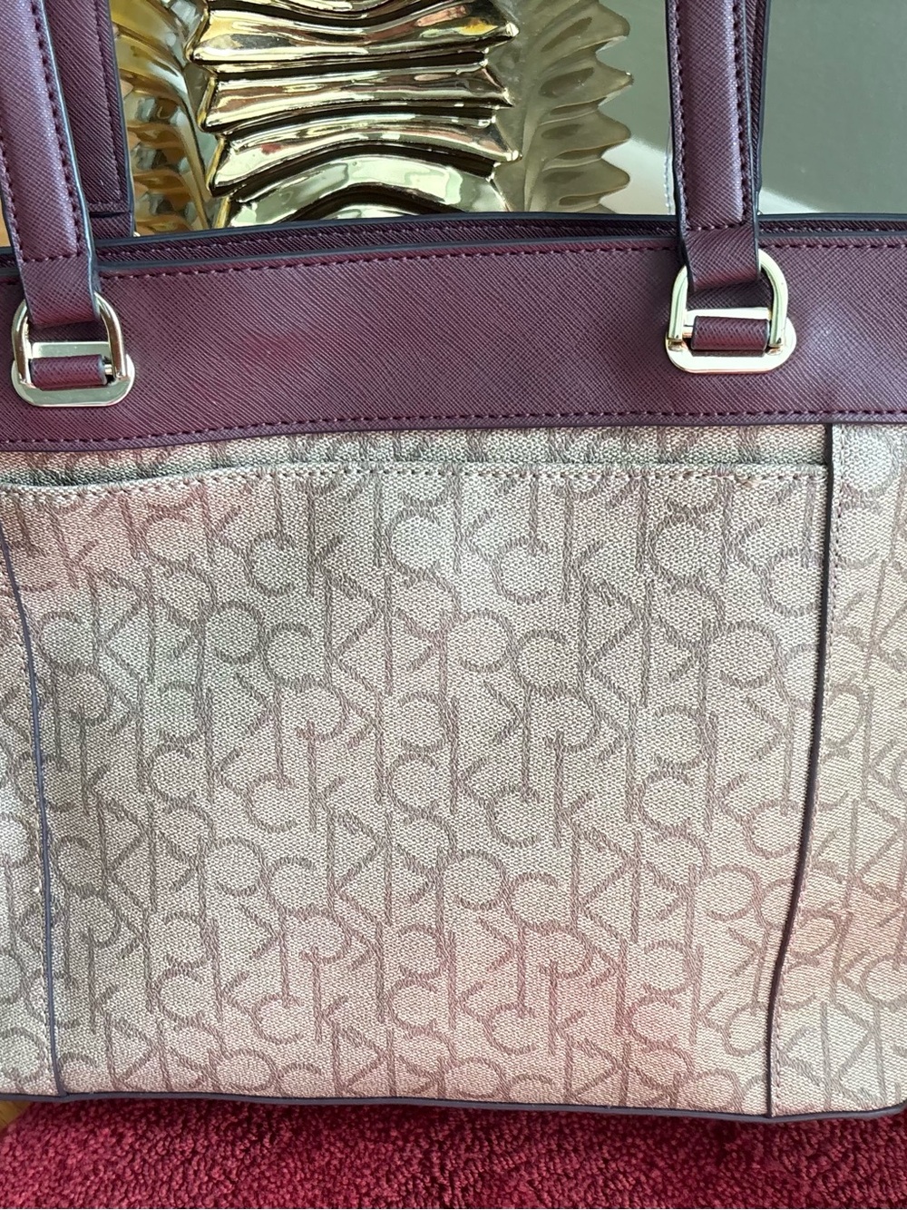 Calvin Klein Beige Monogram Tote with Burgundy Trim - Picture 4 of 7